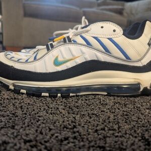 Nike Air Max 98 White Blue Black Athletic Shoes